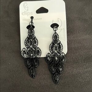 Icing Black Filigree Chandelier Clip-On Earrings